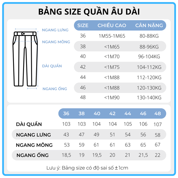 Bảng size quần âu big size nam AKYOO