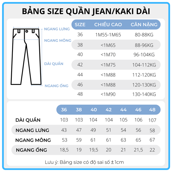Bảng size quần jogger kaki big size nam AKYOO