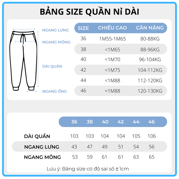 Bảng size quần nỉ dài big size nam Akyoo