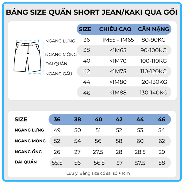 Bảng size quần short jean, kaki big size nam AKYOO, thời trang cho người ngoại cỡ từ 80-140kg