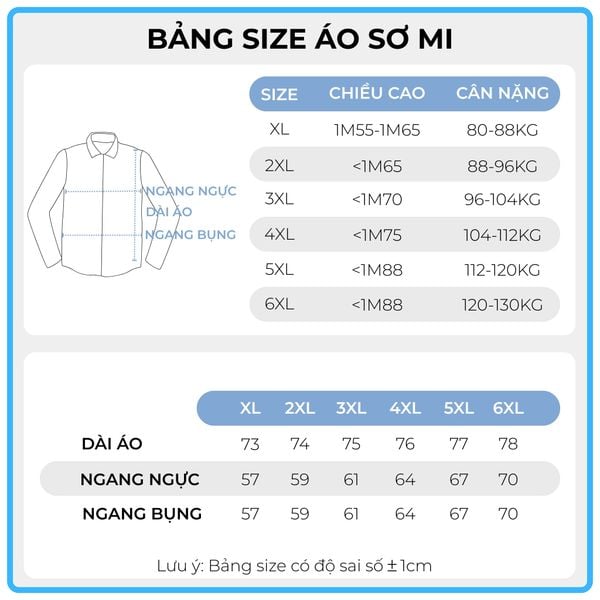 Bảng size áo sơ mi big size nam Akyoo