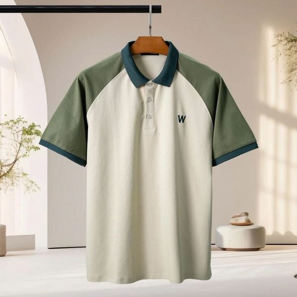 Chi tiết áo polo phối be big size nam AKYOO