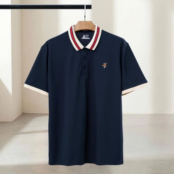 Chi tiết áo polo xanh cổ viền big size nam AKYOO, thời trang cho người ngoại cỡ từ 80-140kg