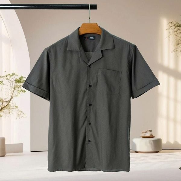 Chi tiết áo sơ mi đũi ghi cộc tay big size nam AKYOO, thời trang cho người ngoại cỡ từ 90-140kg