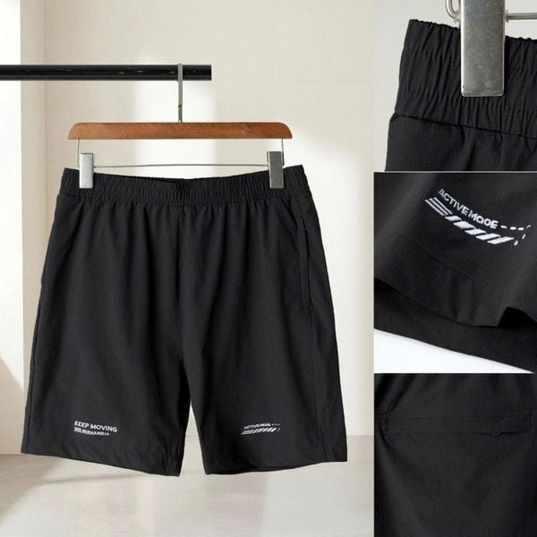 Chi tiết cạp thun họa tiết in và túi sau quần short gió đen big size nam