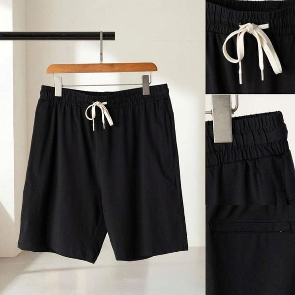 Chi tiết quần short thun đen big size nam cạp chun dây rút