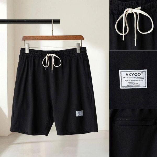 Chi tiết quần short thun đen big size nam cạp chun dây rút