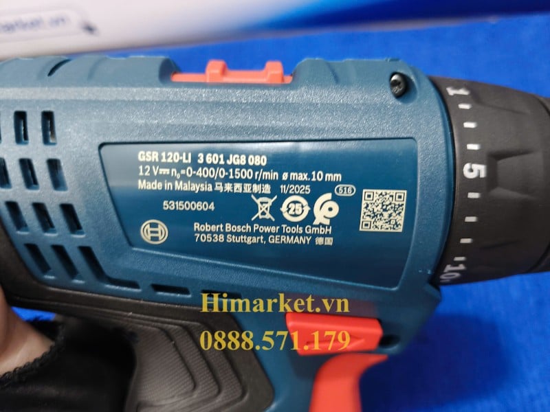 Thông số kỹ thuật trên thân máy khoan pin Bosch GSR 120-LI GEN II chính hãng Malaysia