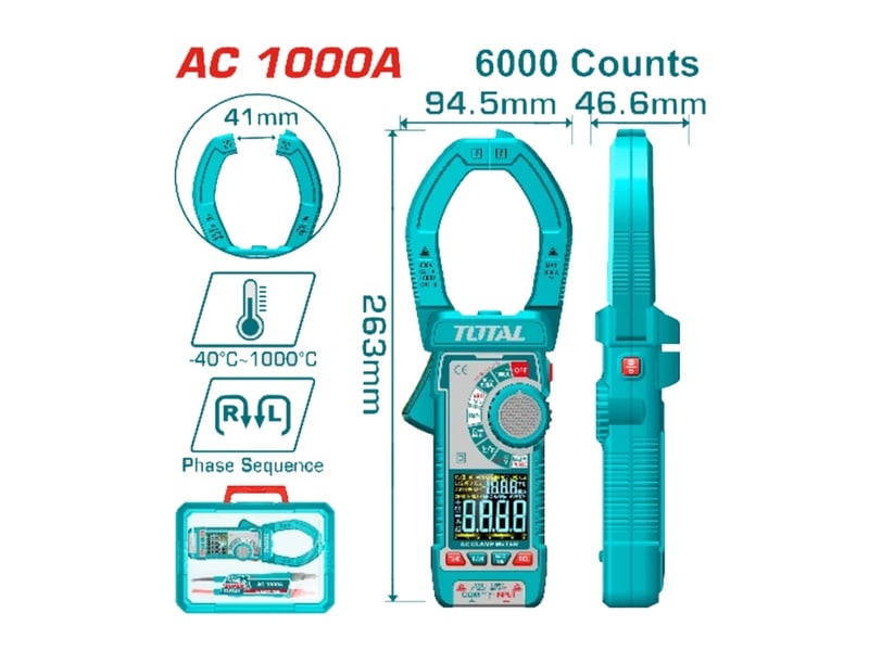 Ampe kìm kỹ thuật số Total TMT7610001 màn hình màu VA đo dòng 1000A chuyên nghiệp