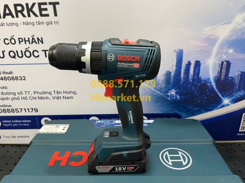 Bộ sản phẩm Bosch GSB 18V-65 gồm máy 2 pin và sạc chính hãng