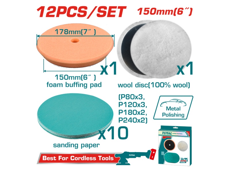 Bộ 12 đĩa mài bóng và đánh bóng 150mm Total TAC15012 cho máy đánh bóng TAPLI2015 chính hãng tại Himarket