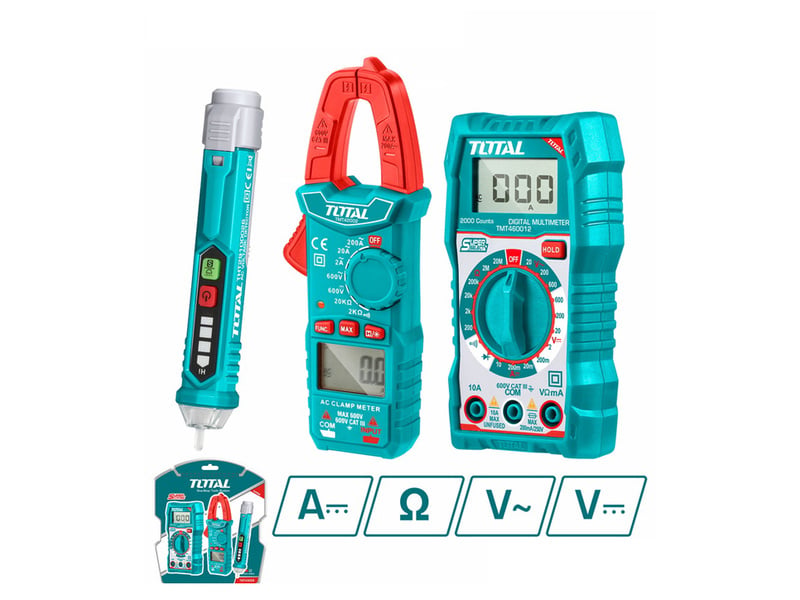 Bộ 3 dụng cụ kiểm tra dòng điện Total TMT43028 bao gồm ampe kìm đồng hồ vạn năng và bút dò điện