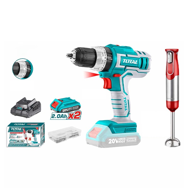 Bộ combo 2 máy dùng pin 20V Total TOSLI22112 bao gồm máy khoan búa và máy xay cầm tay chính hãng giá tốt tại Himarket