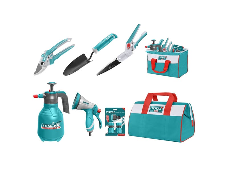 Bộ combo 7 công cụ làm vườn Total TOS23048 bao gồm kéo cắt tỉa bình phun và xẻng