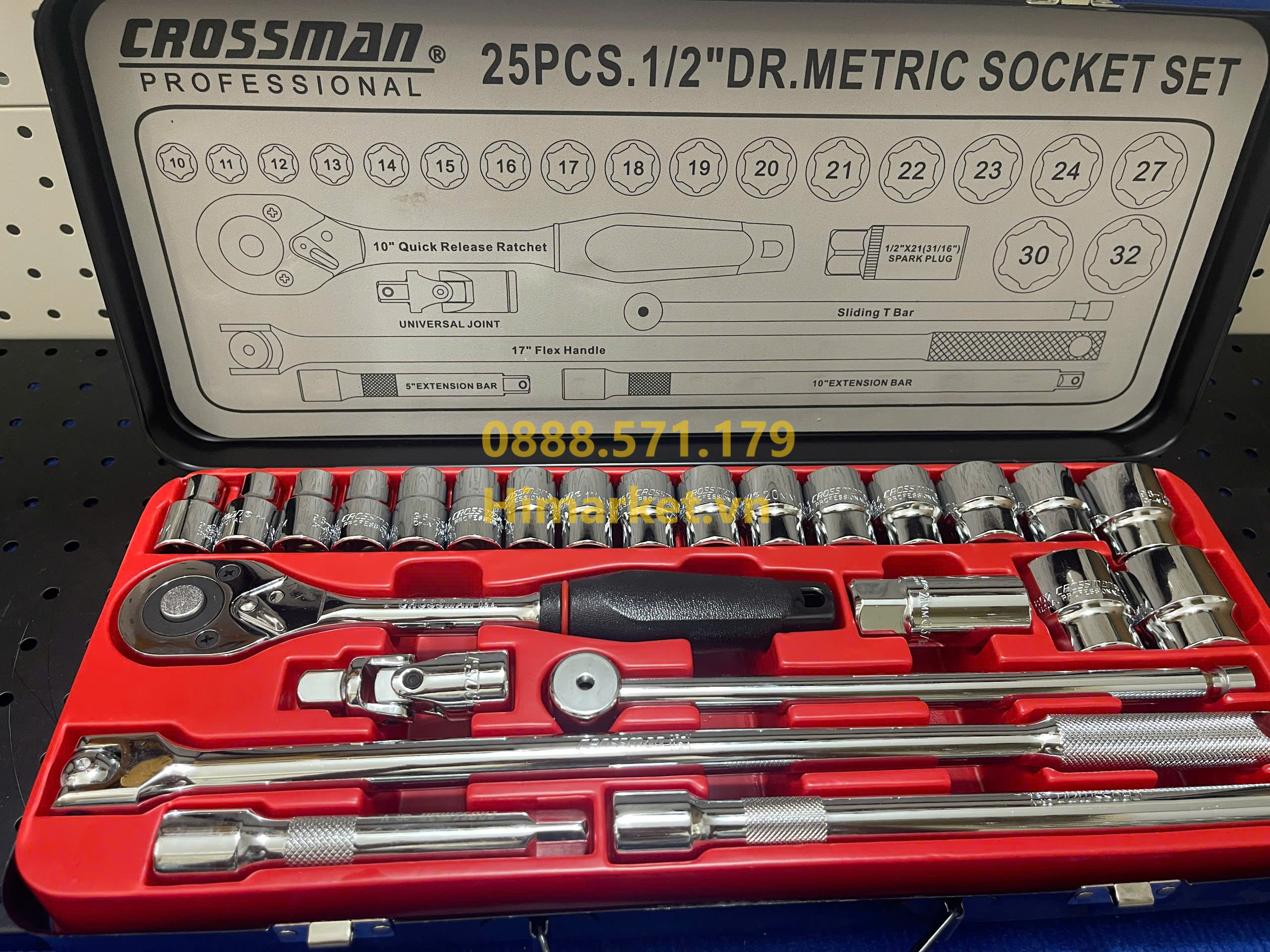Chi tiết bộ khẩu tuýp bông Crossman 99-082 25pcs 1/2 inch đầy đủ