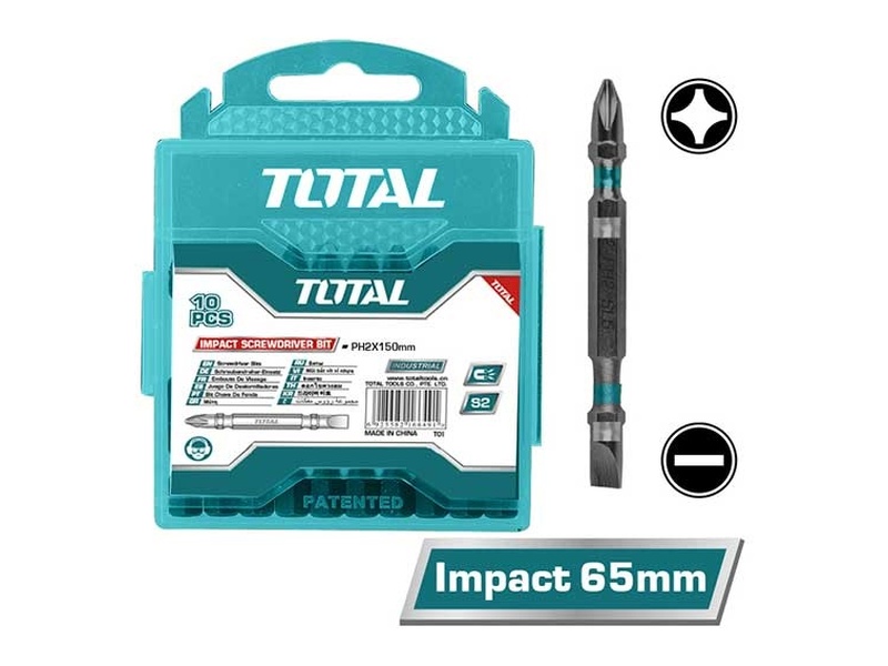 Bộ mũi bắt vít 2 đầu có từ bake và dẹp PH2+SL6x65mm Total TACIM16HL133 thép S2 đen chính hãng