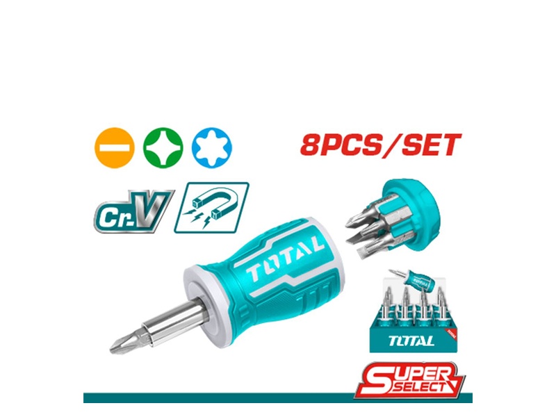Bộ tua vít 8 trong 1 Total TACSDS0706 bao gồm 1 tay cầm và 7 đầu vít Cr-V chính hãng giá tốt tại Himarket