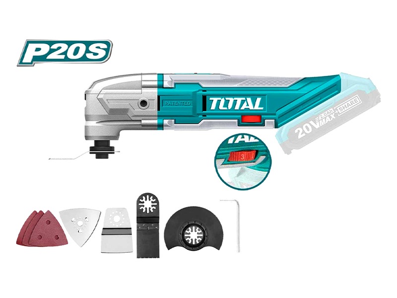 Máy Cắt Đa Năng Dùng Pin Lithium 20V Total TMLI2001 Máy cắt đa năng dùng pin Lithium 20V Total TMLI2001 kèm bộ phụ kiện lưỡi cưa giấy nhám