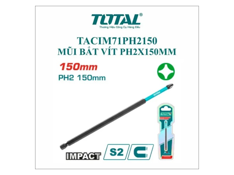 Mũi Bắt Vít PH2 Dài 150mm Total TACIM71PH2150 Mũi bắt vít PH2x150mm Total TACIM71PH2150 thép S2 màu đen chính hãng dài 15cm