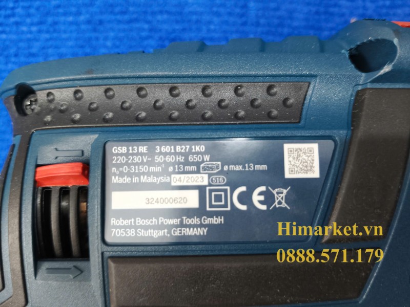 Thông số kỹ thuật in trên thân máy khoan Bosch GSB 13 RE Made in Malaysia