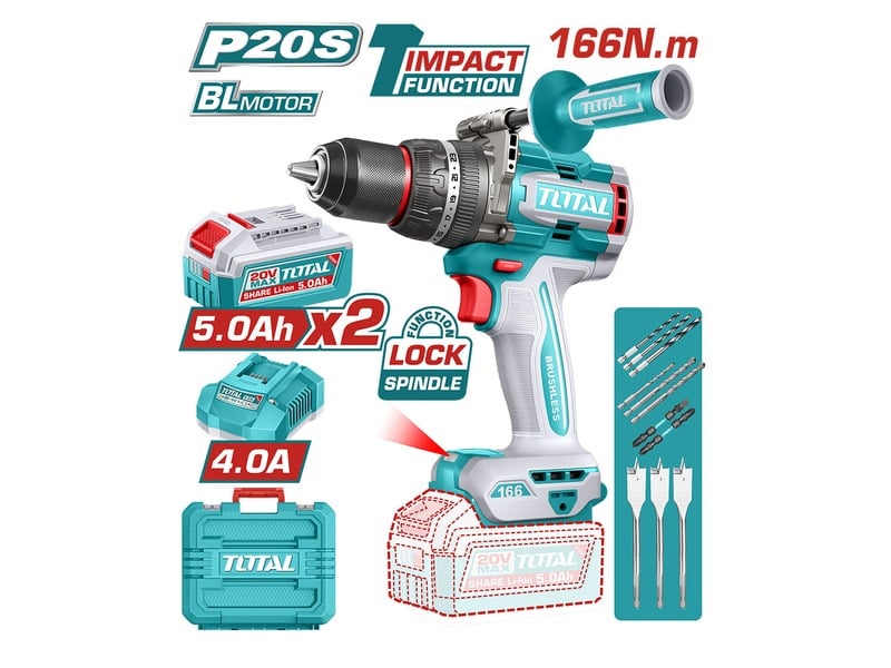 Máy khoan động lực dùng pin 20V Total TIDLI201668 lực siết 166Nm kèm 2 pin 5.0Ah và sạc nhanh chính hãng giá tốt tại Himarket