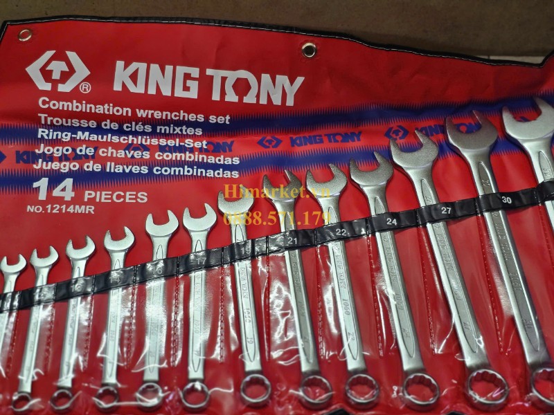 Toàn cảnh bộ cờ lê vòng miệng Kingtony 1214MR xếp gọn trong túi vải đỏ