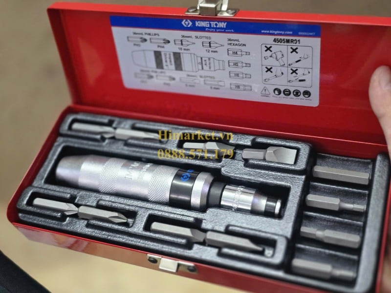 Toàn cảnh bộ tua vít đóng Kingtony 4505MR01 trong hộp sắt đỏ chuyên nghiệp