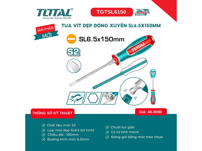 Tua vít dẹp đóng xuyên SL6.5x150mm Total TGTSL6150 chất liệu thép S2 đầu từ tính chính hãng giá tốt tại Himarket