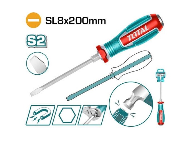 Tua Vít Dẹp Đóng Xuyên SL8x200mm Total TGTSL8200 Tua vít dẹp đóng xuyên SL8x200mm Total TGTSL8200 thép S2 đuôi lục giác hít từ tính chính hãng giá tốt tại Himarket
