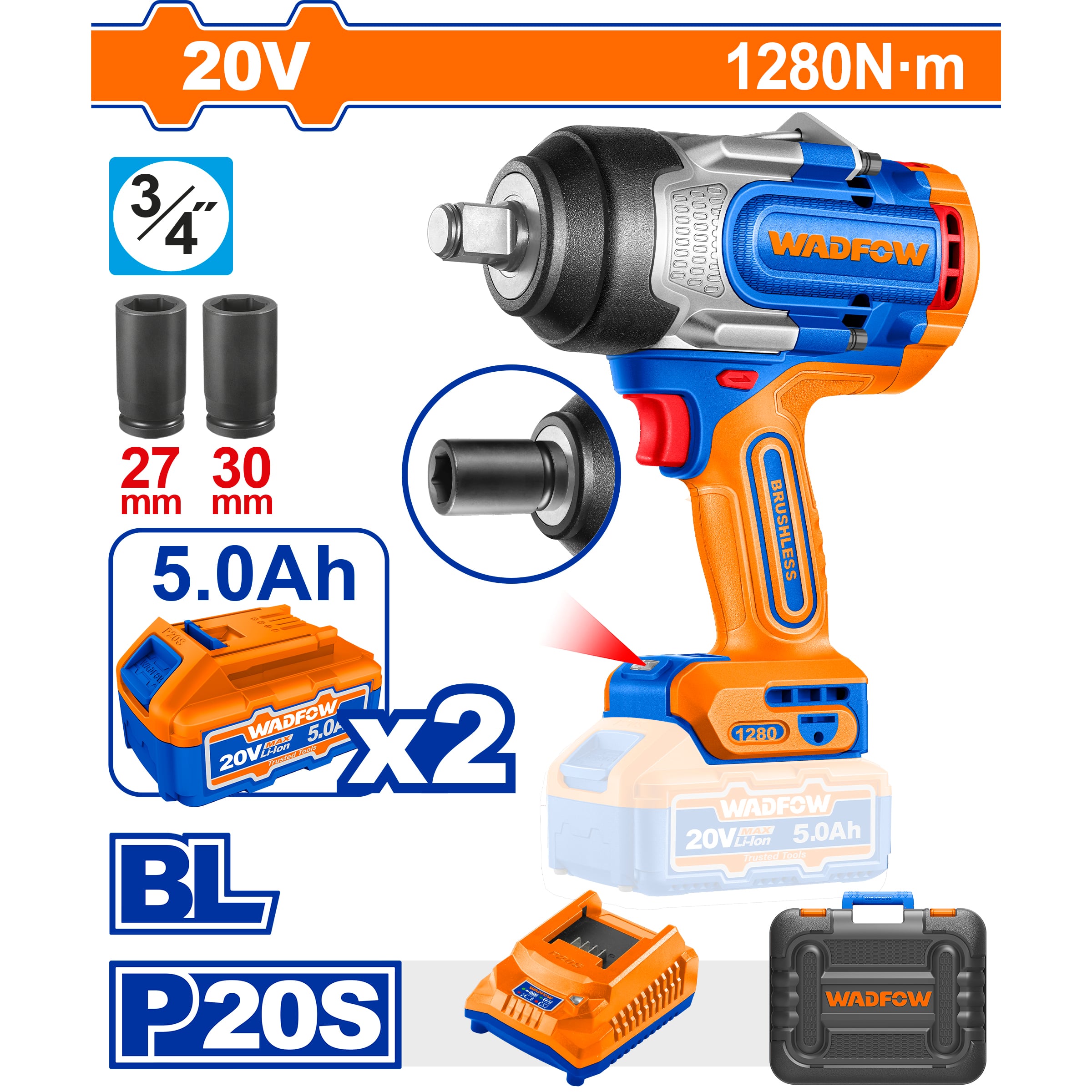 Máy vặn bu lông dùng pin 20V Wadfow WCD1B128