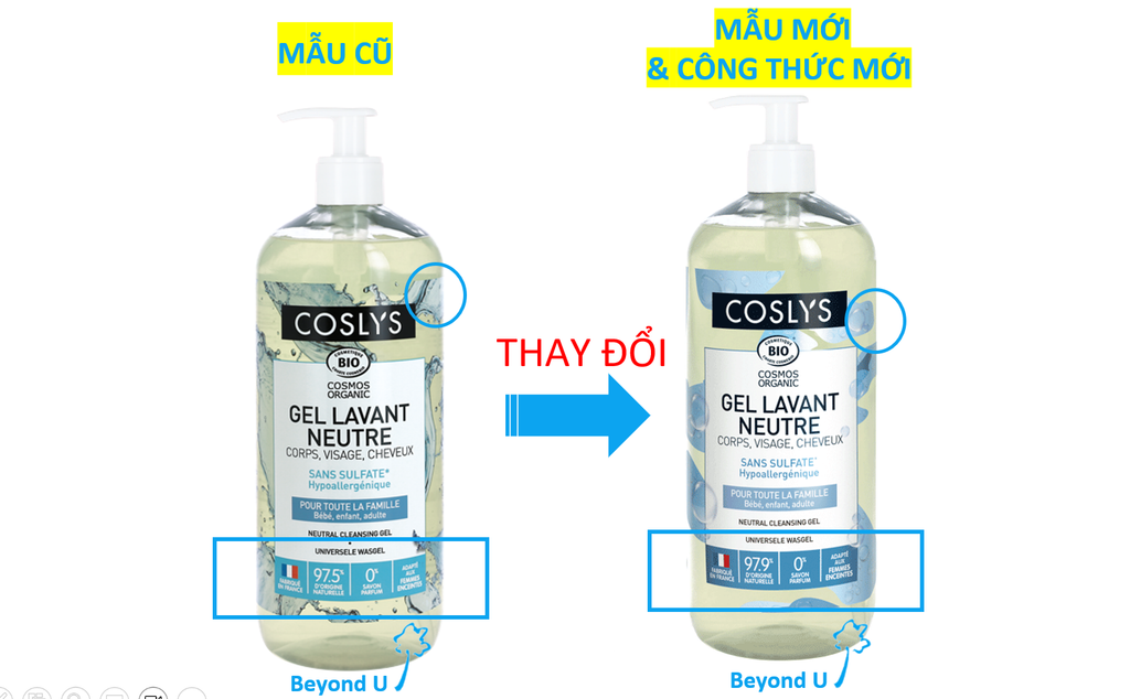 Thông báo thay đổi bao bì và công thức sữa tắm dạng gel cho da nhạy cảm hữu cơ Coslys 1L