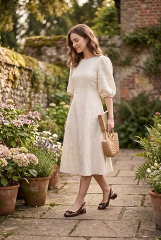 Váy linen kết hợp cùng giày slingback tạo nên vẻ đẹp nhẹ nhàng và thanh lịch.