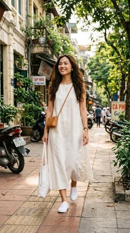 Váy suông + Sneaker trắng là lựa chọn hoàn hảo cho những cô nàng yêu thích sự năng động.