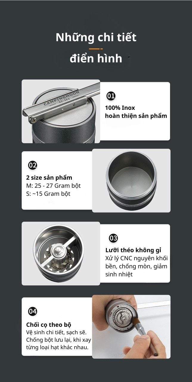 Cối xay cà phê Inox Campingmoon CC-152/Campingmoon CC-115