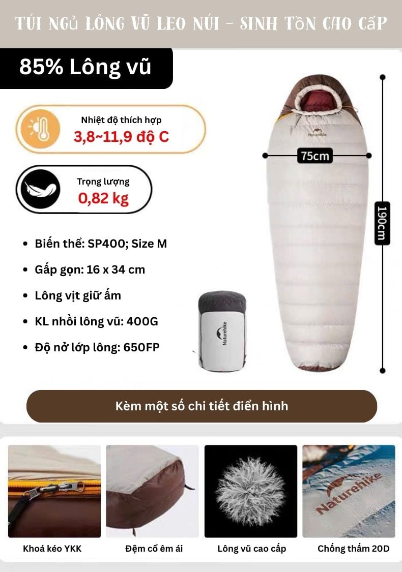 Túi ngủ lông vũ Naturehike cao cấp CNK2550WS014