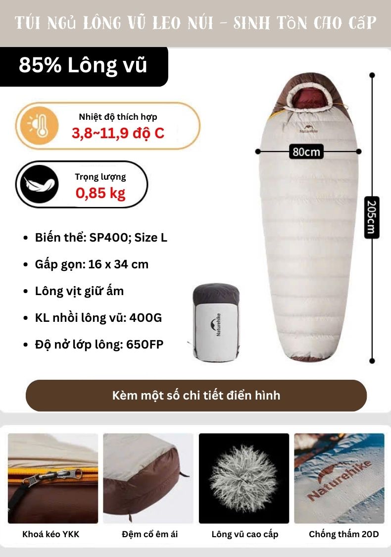 Túi ngủ lông vũ Naturehike cao cấp CNK2550WS014