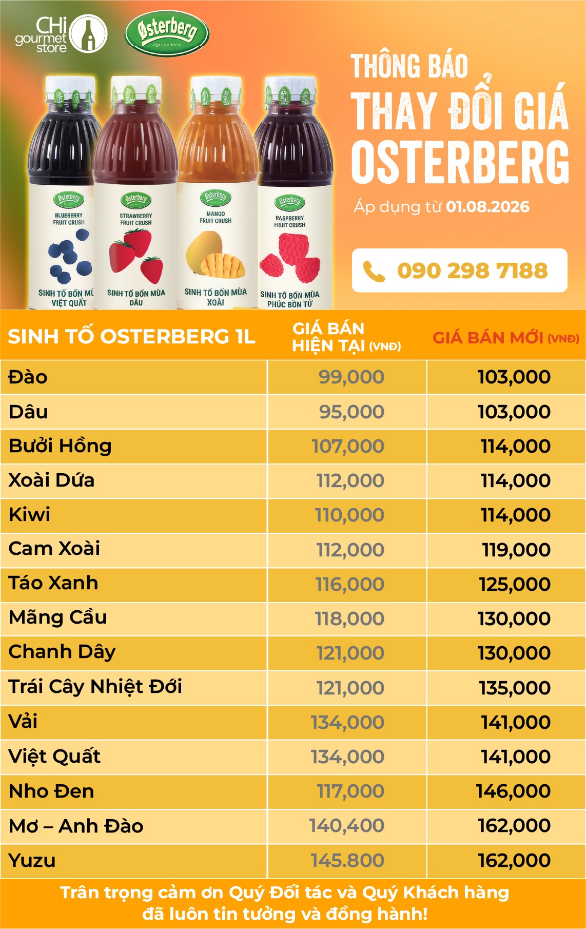 THÔNG BÁO THAY ĐỔI GIÁ CÁC SẢN PHẨM OSTERBERG 01/08/2026