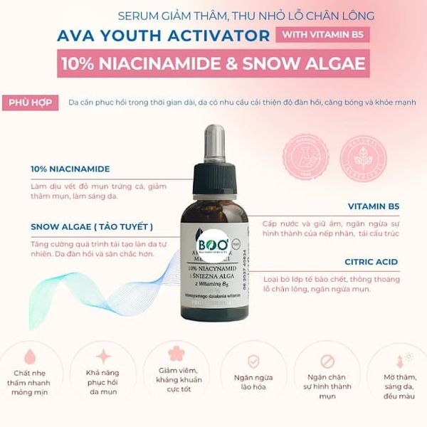 Tổng quan Tinh Chất Làm Sáng Da Và Thu Nhỏ Lỗ Chân Lông Ava Youth Activator 10% Niacinamide & Snow Algae