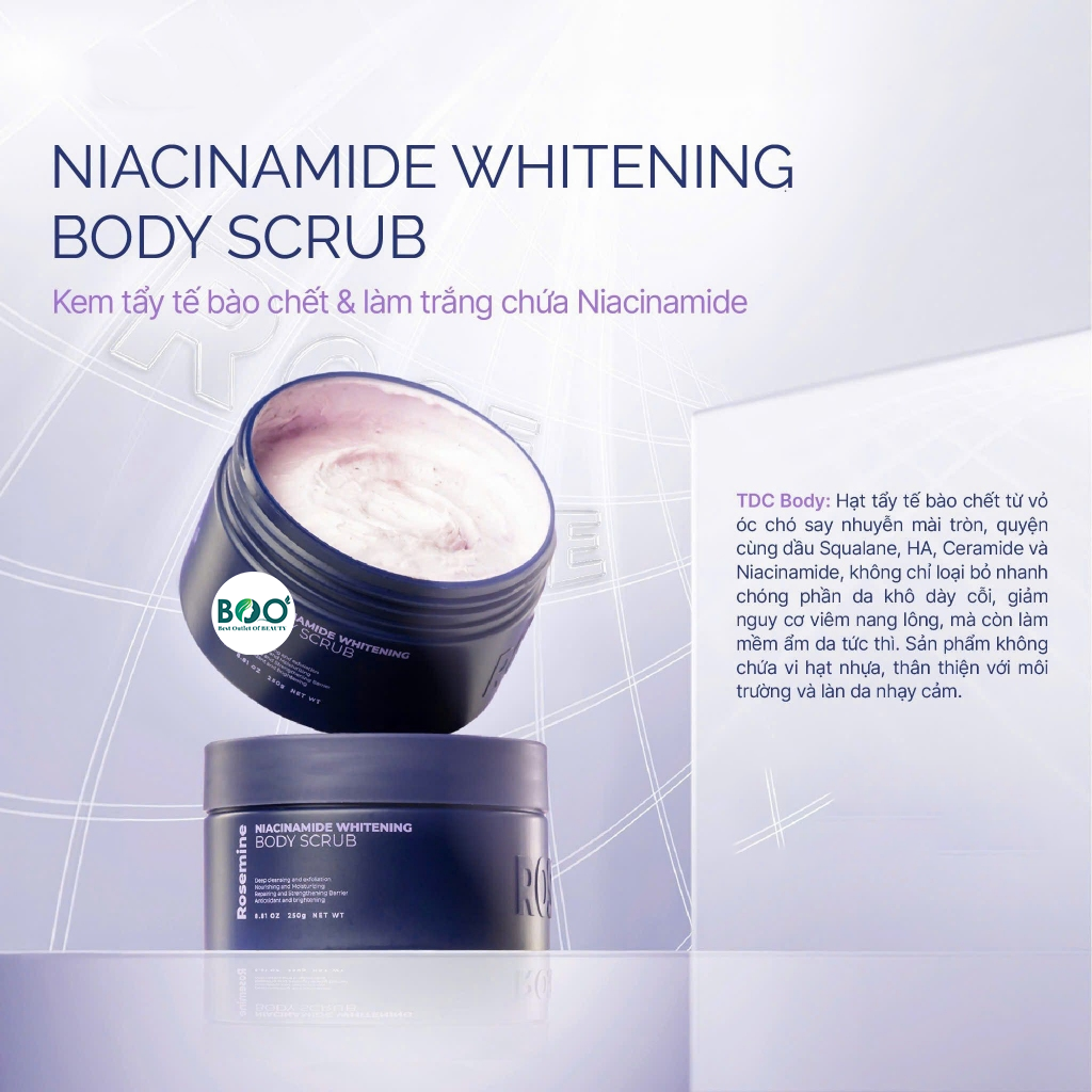Tổng quan về Tẩy tế bào chết body Rosemine Niacinamide Whitening Body Scrub