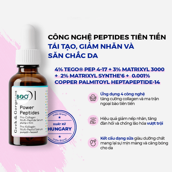 Tổng quan tinh chất phục hồi da giảm nếp nhăn Geek & Gorgeous Power Peptides