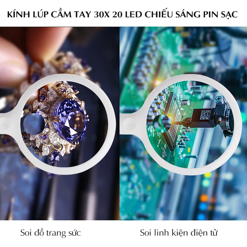 Kính lúp cầm tay 30x pin sạc 20 led chiếu sáng