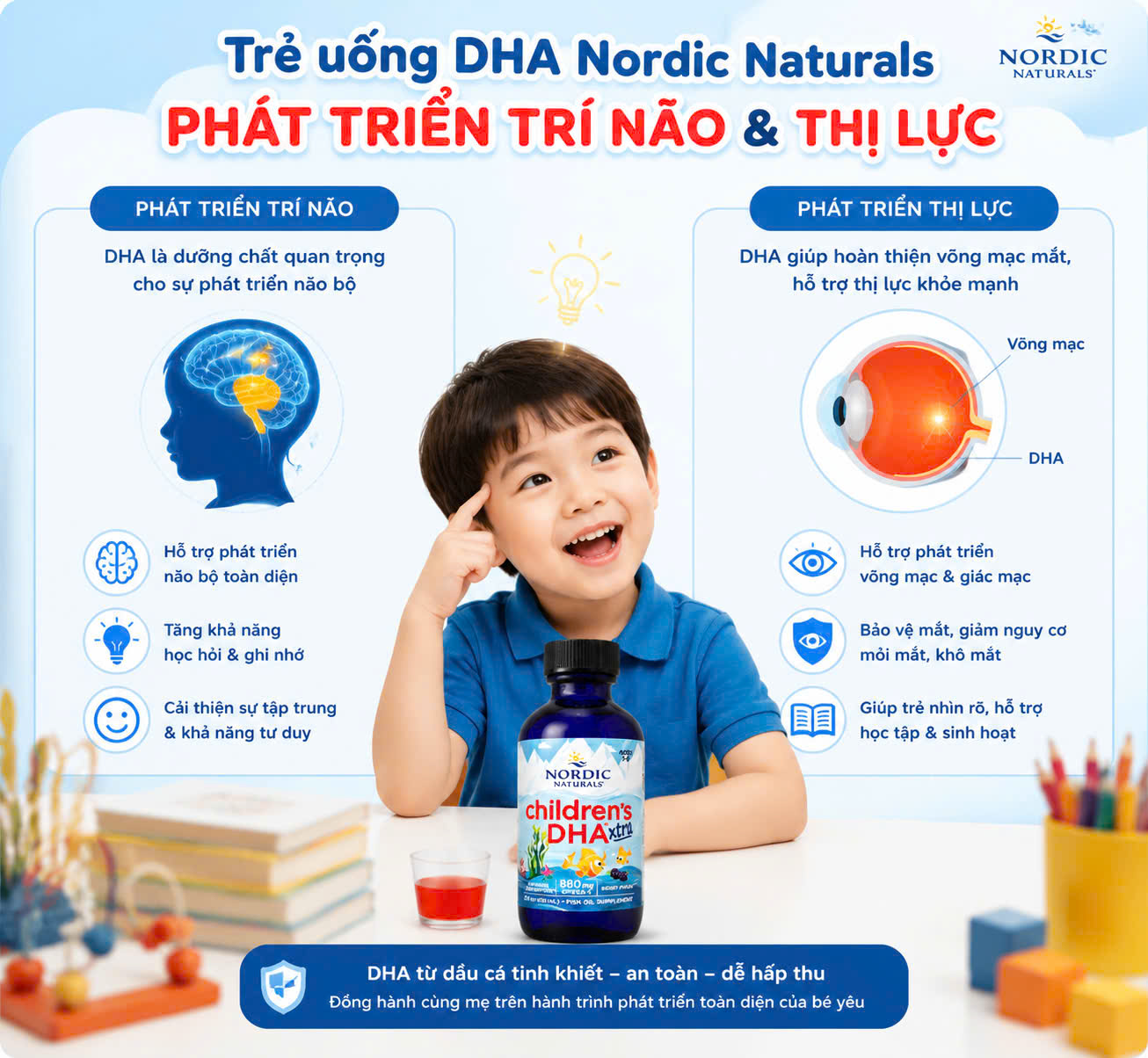 Trẻ uống DHA Nordic Naturals phát triển trí não và thị lực