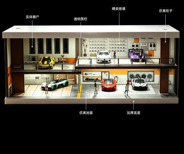 các chi tiết của Diorama 1:64 - Nhà xe màu cà phê 82075 có đèn LED được làm chi tiết màu đẹp sắc nét