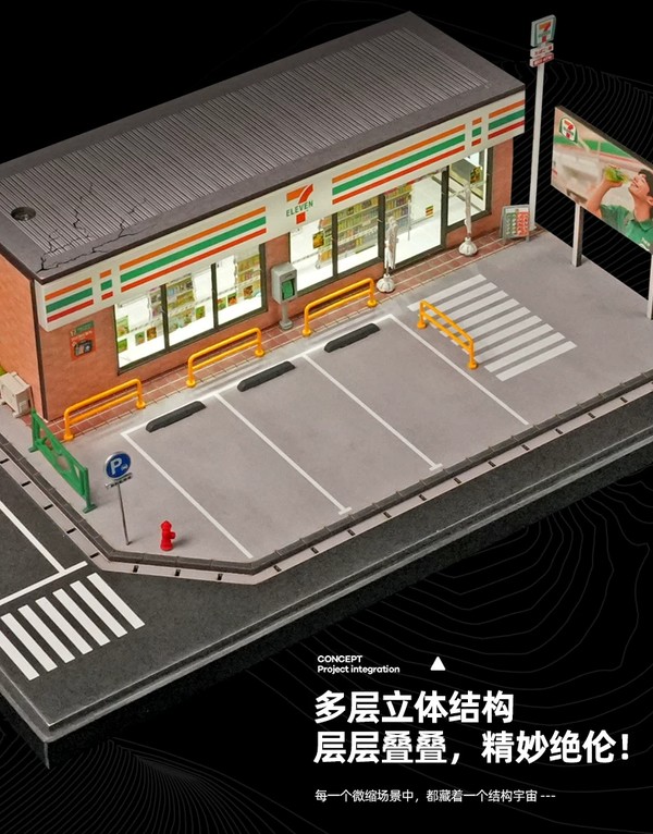 nShop bán sa bàn Diorama 1:64 Cửa hàng 24h 7-Eleven cỡ lớn SCJ82044-A trang trí showroom ôtô, xe hơi sang trọng