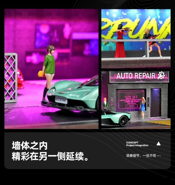 Diorama 1:64 - Bãi đậu xe phong cách Punk 82071 có đèn LED thích hợp làm quà tặng người chơi xe mô hình diecast
