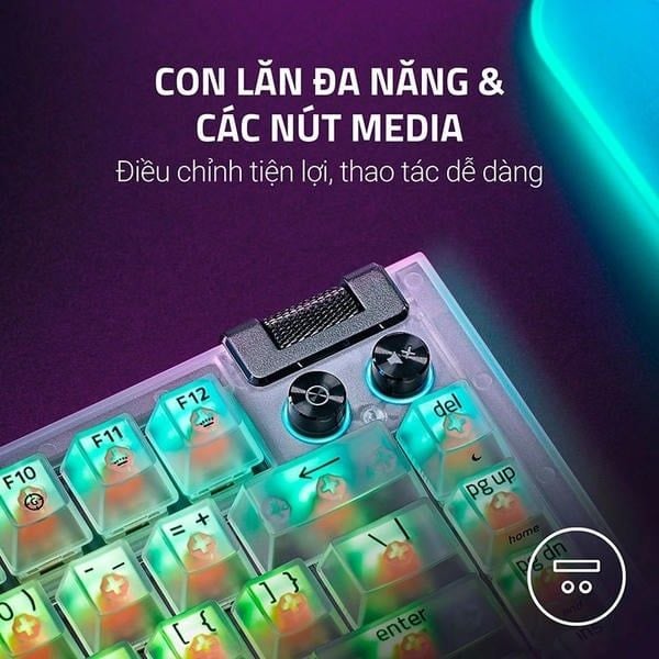 Con lăn đa năng và nút media trên Razer BlackWidow V4 75% Phantom White nShop