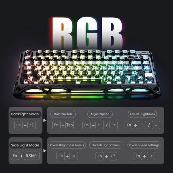 nShop bán Bàn phím cơ không dây GravaStar Mercury K1 Stealth Black có nhiều chế độ sáng phản hồi theo nhạc giá rẻ