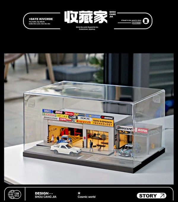 nShop bán Diorama 1:64 Xưởng sửa xe hiện đại SCJ82025-A Shou Cang Jia trang trí bàn làm việc, tủ trưng bày, kệ sách