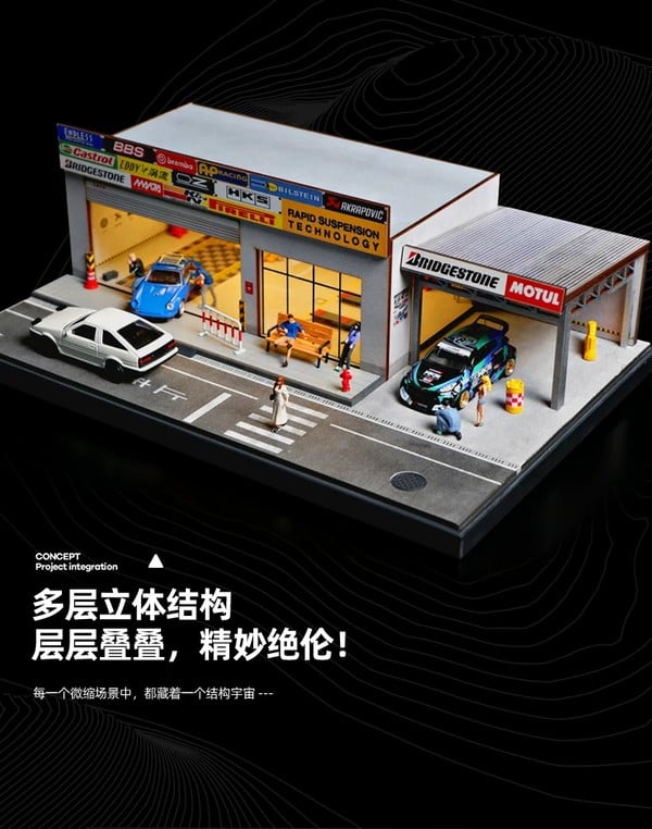 nShop bán Diorama 1:64 Xưởng sửa xe hiện đại SCJ82025-A Shou Cang Jia tiểu cảnh có mô hình người mini figure