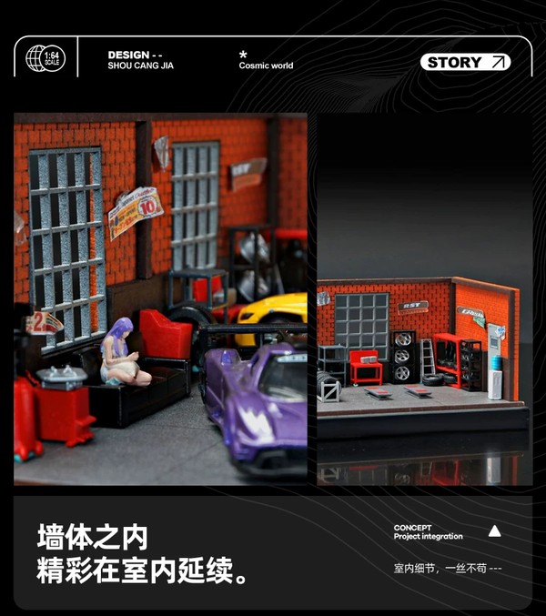 nShop bán Diorama 1:64 Xưởng sửa chữa xe tường gạch đỏ SCJ82002-A sa bàn tiểu cảnh có mô hình người mini figure